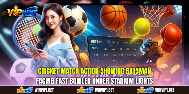 Cricket match action showing batsman facing fast bowler under stadium lights