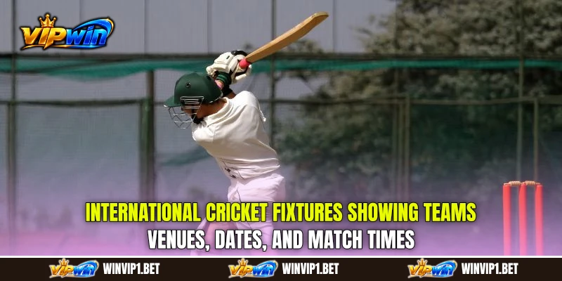 International Cricket Fixtures showing teams, venues, dates, and match times International Cricket Fixtures showing teams, venues, dates, and match times
